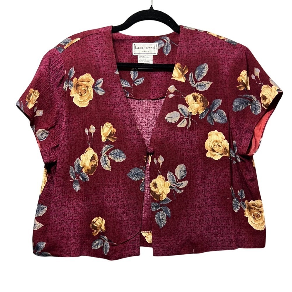 Vintage 90s Karin Stevens Floral Rose Print Button Front Top Blouse Burgundy‎ 14